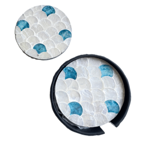 Mother of Pearl Coasters Set of 6 with Holder Box, White-blue fish scale design