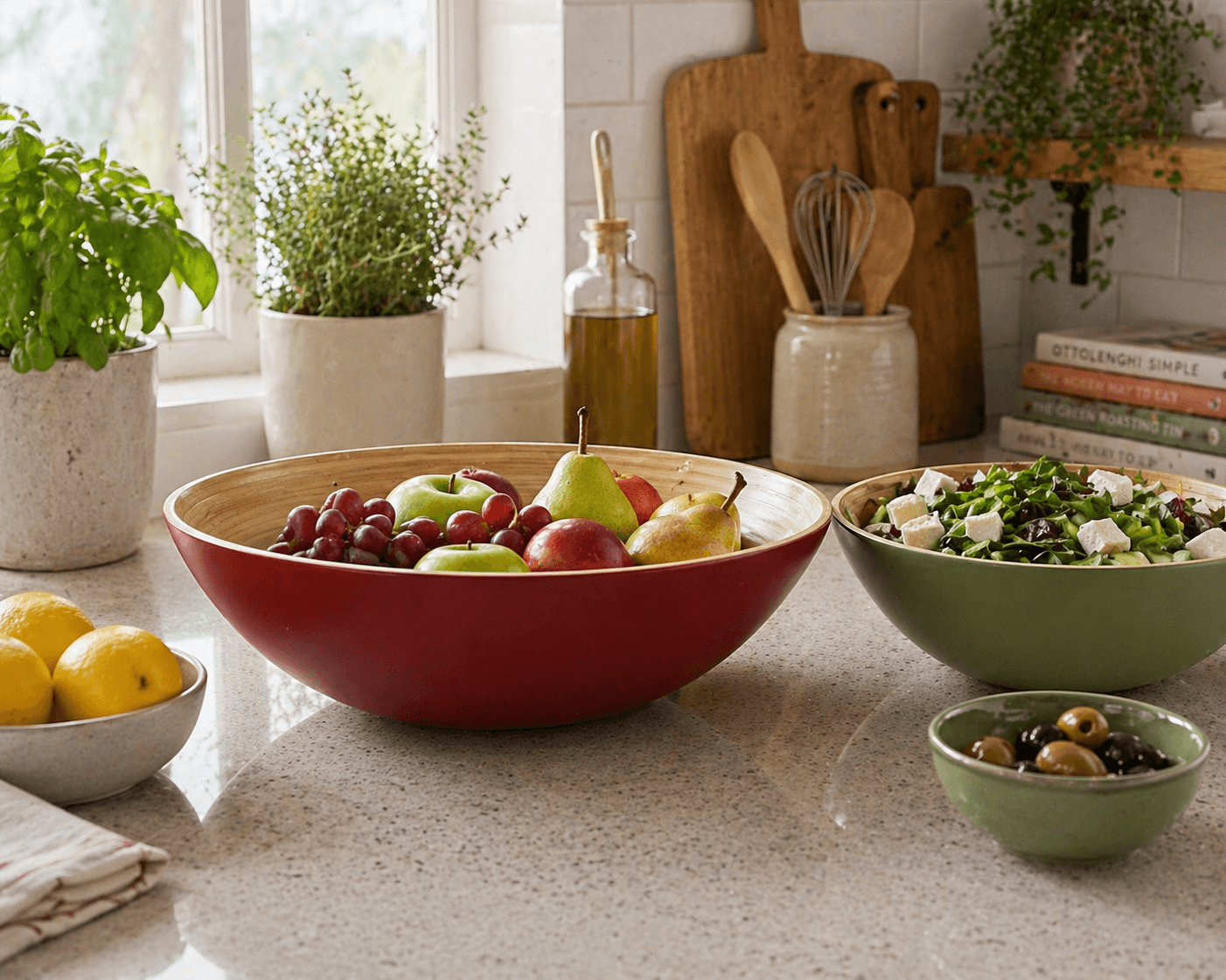 Bamboo Large Wooden Fruit Bowl, 25cm Olive Green - Image 6