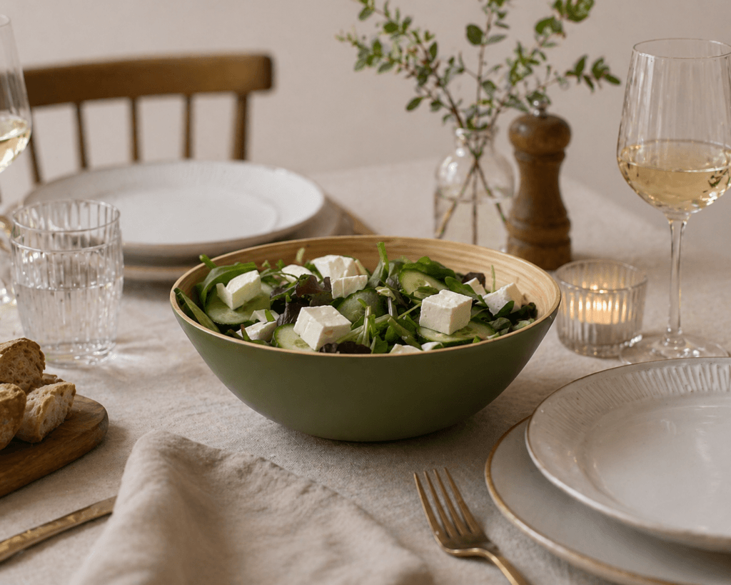 Olive green lacquered bamboo bowl styled as a contemporary dining table centrepiece