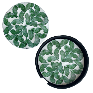 Mother of Pearl Coasters Set of 6 with Holder Box, Green leaf design